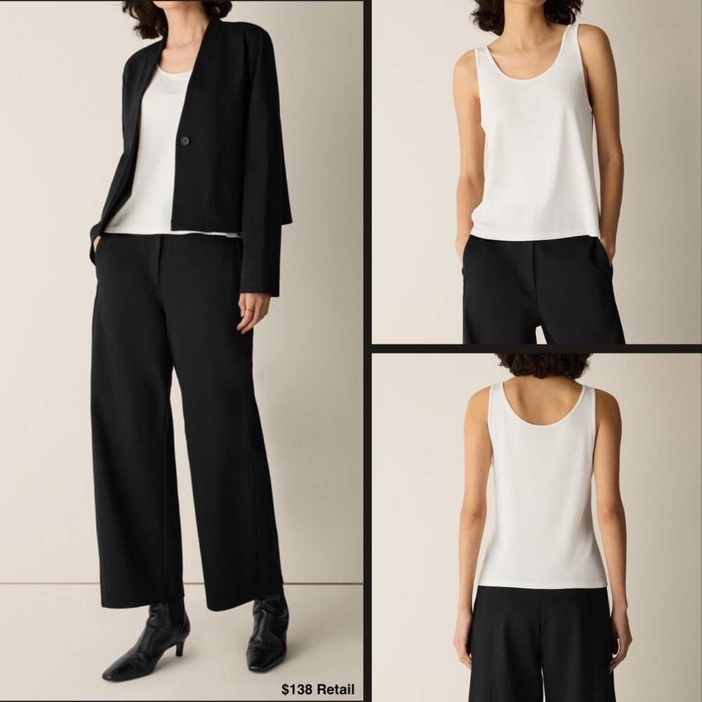 EILEEN FISHER Stretch Silk Jersey Scoop Neck Tank Size M Petite White Minimalist